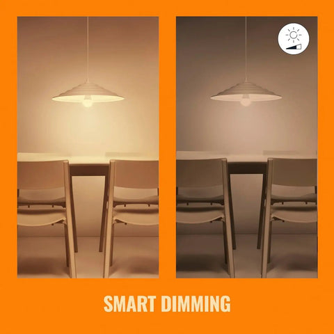 Two-Pack Color 60W A19 Smart WiFi Light Bulbs With 16 Million Colors showing dimmable light effect in dining area.
