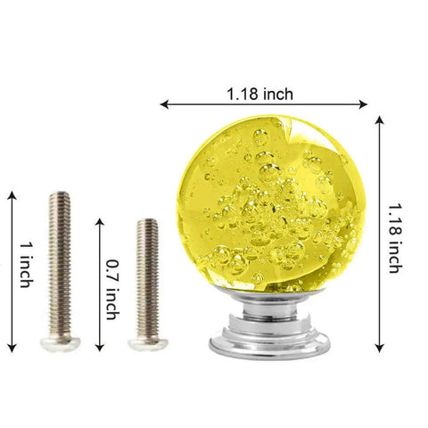 Top Shelf 12 Pack Of 30 mm Yellow Bubble Crystal Glass Cabinet Knobs With Dazzling Chrome Trim showing dimensions and screws.