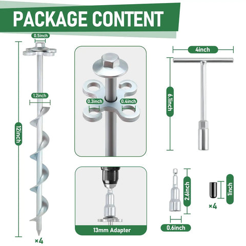 Package contents of Built Tough Heavy Duty Ground Anchors Screw In Stakes 12 Inch 4 Pack with drill socket and T handle