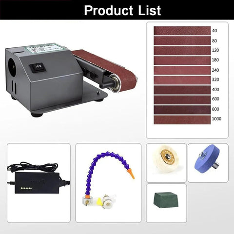Heavy Duty Wet And Dry Bench Belt Sander With Adjustable Speed Multi-Angle Head, Includes 10 Sanding Belts for DIY projects.
