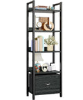 5 Tier Bookshelf With Drawer And Industrial Style Bakers Rack In Black with wood and metal frame and open shelves