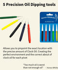 Pro Grade Clock Oil Kit For Cleaning And Lubing Movements, includes 5 colorful precision oil dipping tools