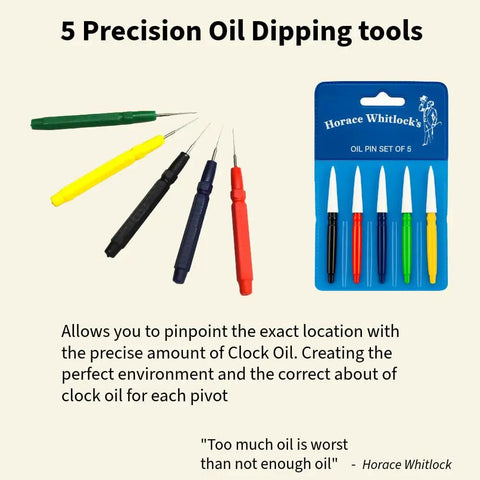 Pro Grade Clock Oil Kit For Cleaning And Lubing Movements, includes 5 colorful precision oil dipping tools