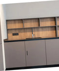 Modern kitchen cabinets with sleek black handles, European style wardrobe pulls, showcasing vintage extended length cabinet handles.