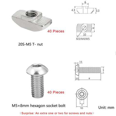 10 Set T Bracket Kit For 6mm T Slot Aluminum Profiles With 40 M5 T Slot Nuts And 40 M5x8mm Stainless Hex Socket Cap Screws Built Tough Pro Grade Aluminum Extrusion Connector Brackets And Corner Brace Plates: M5 T-slot nut and screw kit
