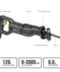 Heavy Duty Corded Reciprocating Saw 120V With 6.0 Amp Motor And 2800 RPM, featuring tool-free blade release and soft grip handle.