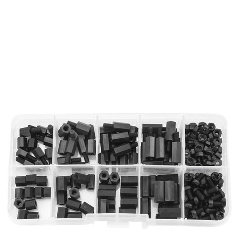 2-Set Nylon Hex Standoff Kit With Male And Female Spacers, Plastic Screws And Nuts, M2, M2.5, M3, M4 Sizes, Insulation Spacer Set, 192-Piece Assortment For Precise Spacing And Stable Alignment. Black nylon hex standoff and screw assortment in organizer box