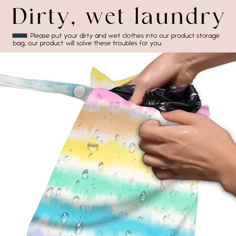 Two Pack Wet Dry Bags With Handles For Swimwear Travel Beach Pool Diapers Gym Clothes Toiletries And Makeup Spacious 10.2 By 12.6 Inches Lightweight Durable Eucalyptus Palm Leaves Print Ready For On The Go showing hand placing items in colorful bag with water droplets