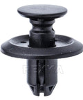 Close-up of a single black clip from the 30 Piece Fender Liner Push Type Retainer Clips Set MU488006 For Mitsubishi vehicles