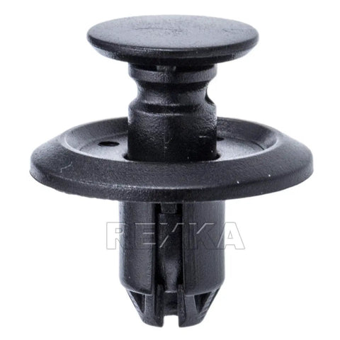 Close-up of a single black clip from the 30 Piece Fender Liner Push Type Retainer Clips Set MU488006 For Mitsubishi vehicles