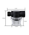 Water Pump Filter 50 Mesh Stainless Steel Screen 255213 with dimensions on display, featuring clear shell and durable housing.