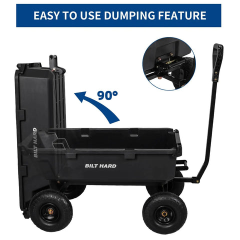 Side view of Heavy Duty Poly Garden Dump Cart With 900 Pound Capacity, 5 Cu Ft Bed, 10 Inch All Terrain Pneumatic Wheels.