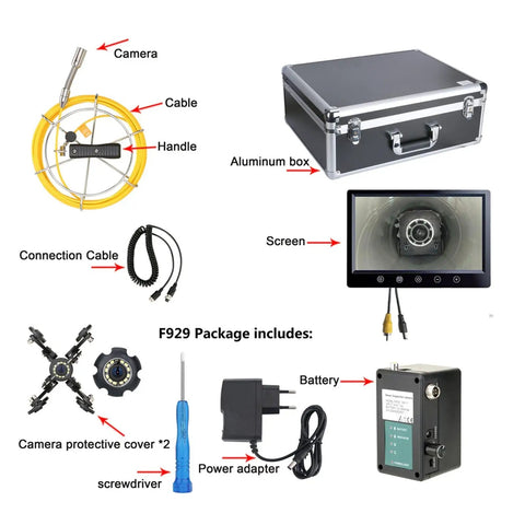 Badass HD Borescope Inspection Camera With 9 Inch Monitor And IP68 Waterproof Drain Sewer Pipe Endoscope Video featuring connection cables and aluminum case.