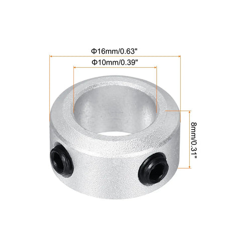 Beefy Aluminum Shaft Collar Set 10mm And Three Eighths Inch Bore Set Screw Clamping Collars Silver Pack Of 4 with dimensions
