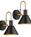 Set Of 2 Industrial Wall Sconce Lights Modern 1 Light Vanity Fixtures In Matte Black With Brushed Gold Interior