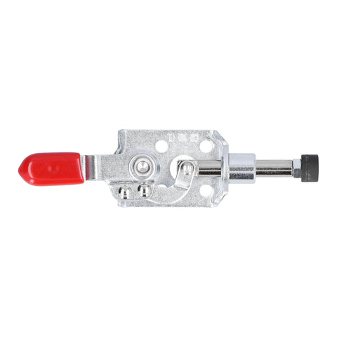 Heavy Duty Push Pull Toggle Clamp Set For Woodworking And Welding Jigs, side view metal hand tool with red handle, 2 pack