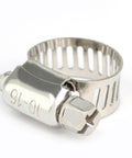 Stainless steel hose clamp with slotted strap and hex screw, adjustable inner diameter 10–16 mm.