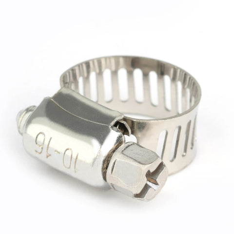 Stainless steel hose clamp with slotted strap and hex screw, adjustable inner diameter 10–16 mm.