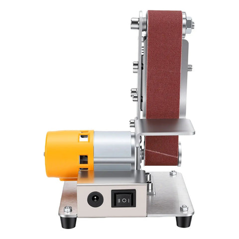 Mini 3 In 1 Belt Sander And Benchtop Grinder With Seven Speeds For Smooth Wood Sanding Metal Polishing And Fast Blade Sharpening A No Sweat Shop Essential side view of sander with a 13-inch abrasive belt and motor.