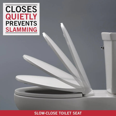 Sanborne Elongated Slow Close Toilet Seat With No Slip Bumpers Durable Comfort White Finish showing soft close mechanism