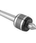 Live center MT3 lathe center; silver steel body with multi-ring collar and conical tip, side view