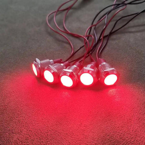 5 Pack 12mm LED Indicator Light Red Waterproof AC DC 12 To 24V Signal Lamp With Wire, glowing on dark background