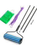 Heavy Duty Twelve Foot Lake Roller Weed Cutter And Pond Aquatic Plant Grabber With Lightweight Aluminum Pole and accessories laid out.