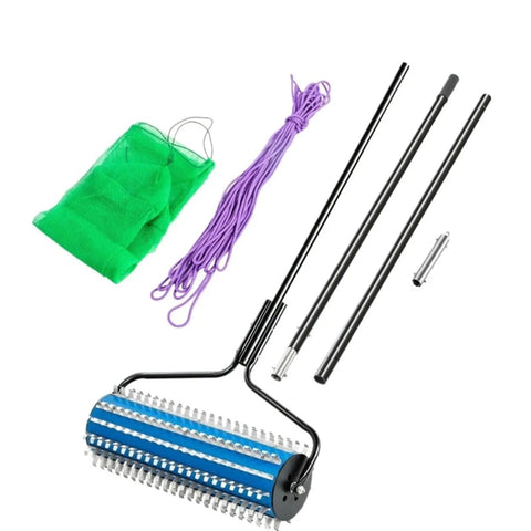 Heavy Duty Twelve Foot Lake Roller Weed Cutter And Pond Aquatic Plant Grabber With Lightweight Aluminum Pole and accessories laid out.