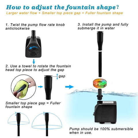 Instructions for adjusting Go-To 15W Submersible Fountain Pump With LED Light for perfect water flow and fountain shape adjustments