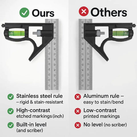 Comparison of 12 Inch Heavy Duty Combination Square With Integrated Vial Level And Dual Metric Imperial Ruler Scales. Left side shows features.