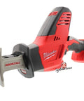 M18 Hackzall Cordless One Handed Reciprocating Saw Kit angled view, showcasing compact red and black design for tight spaces.