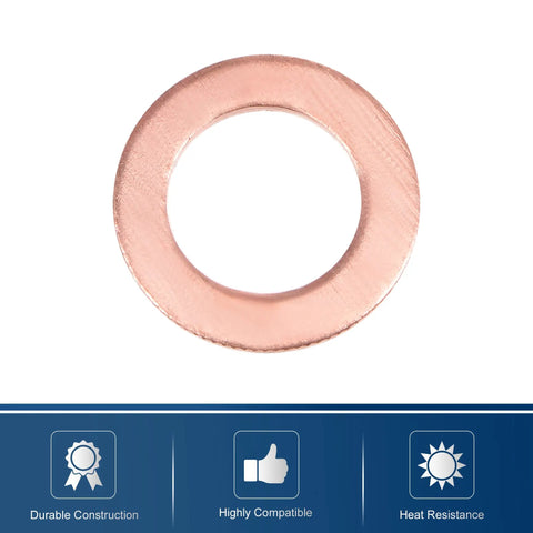Pro Grade Copper Flat Washers M8 X 13mm X 1mm Sealing Rings for Screws Bolts and Nuts on a white background.