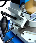 Close-up view of the Knockout Shop Beast 4 HP 16 Inch Cold Cut Saw with adjustable spinner vise setup and metal cutting blade.