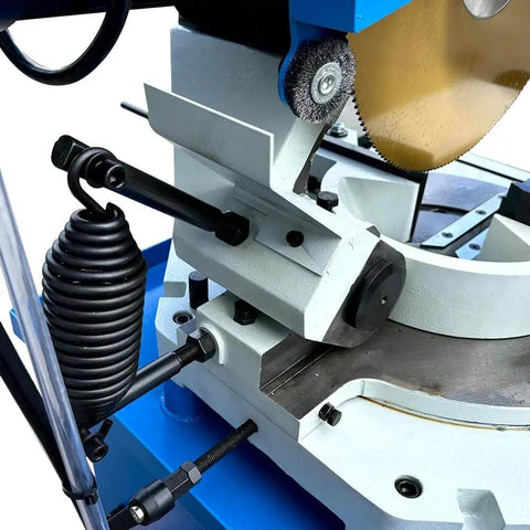 Heavy Duty 16 Inch Cold Cut Saw Built Like A Tank With Killer 4Hp Motor 220 Volt Three Phase showing mechanical details and miter adjustment features.