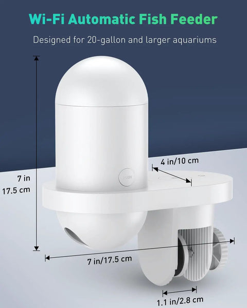 No Sweat Wifi Automatic Fish Feeder Wall Mount Auto Dispenser For 20 Plus Gallon Aquariums USB powered with measurement guide.