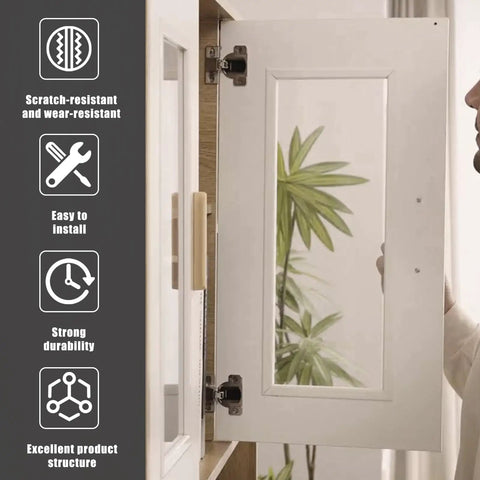 Tough As Nails Silver Cabinet Door Hinges For Standard Or Open Side Cabinets, Dead Quiet Self Closing Soft Close Hardware With No Sweat Screw On Install, 110 Degree Pivot In A Sweet Two Pack Kit, installed on a cabinet door.