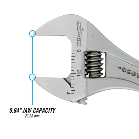 Close-up of Wide Jaw Adjustable Wrench Set 6 Inch And 10 Inch Chrome Finish with jaw capacity measurement scale displayed in inches and mm