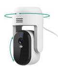 Pan Tilt 2K Outdoor Security Camera With Plug In Power Real Time Alerts Person Recognition Package Detection Animated Preview Auto Motion Tracking 360 Degree View Dual Band WiFi No Battery Hassle 1 Month Secure Plan Trial shown in white with 360° rotation arrows.