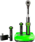 Three Eighths Inch Drive Cordless Ratcheting Wrench With Over Torque Protection, two Li-ion batteries, charging base displayed