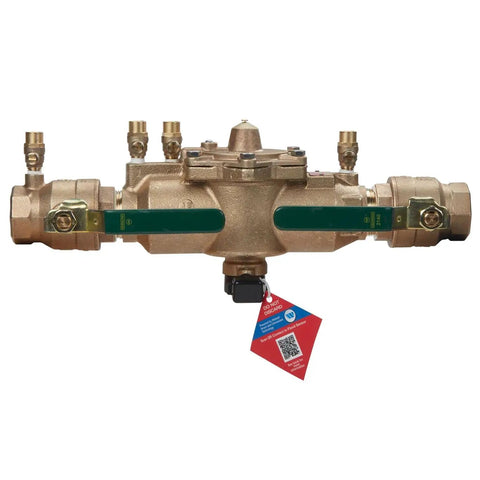 Lead-Free Copper-Silicon Alloy RPZ Backflow Preventer Assembly With Flood Sensor And SentryPlus Alerts No-Brainer Install 1-1/2 Inch Bronze Strainer Quarter-Turn Shutoff Modular Design For Cross-Connection Protection, front view