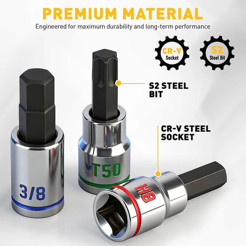 Pro Grade 21-Piece Hex And Torx Socket Set With Magnetic Rail Organizer, showing S2 steel bits and CR-V steel sockets