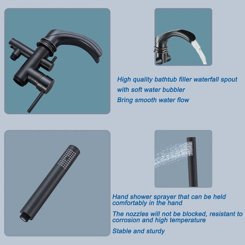 Dual Function Freestanding Tub Filler Faucet In Oil Rubbed Bronze With Waterfall Flow, Dope High-Flow Spout, Hand Shower, And Mixer Taps