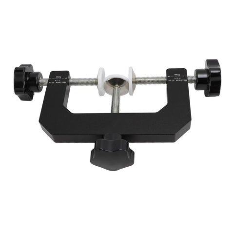 Heavy Adjustable Woodworking Face Clamp Delivering Total No Sweat Aluminum Grip Cabinet Edge Tool Built Badass For Pro Carpenters And Serious Diy Crews On Sites, top view, showing black steel construction and knobs.