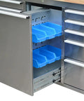 Two Pack 72 Inch High Rolling Tool Chest With 11 Spacious Drawers And 3 Secured Cabinets For Garage featuring open drawer with blue storage bins.