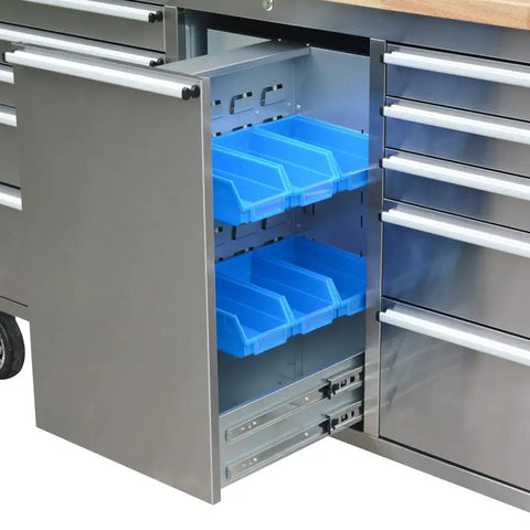 Two Pack 72 Inch High Rolling Tool Chest With 11 Spacious Drawers And 3 Secured Cabinets For Garage featuring open drawer with blue storage bins.