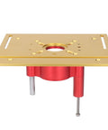 Heavy Duty Router Table With Crank Handle Lifting Kit And Game Changer Precision Woodworking Insert Plate, gold and red design, suitable for woodworking tasks.