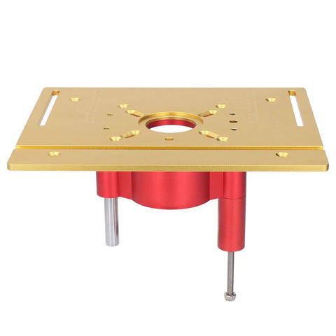 Heavy Duty Router Table With Crank Handle Lifting Kit And Game Changer Precision Woodworking Insert Plate, gold and red design, suitable for woodworking tasks.