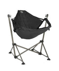 Portable Hammock Camping Chair With Stand, black padded folding swing chair shown with stainless steel frame, supports 300 lbs