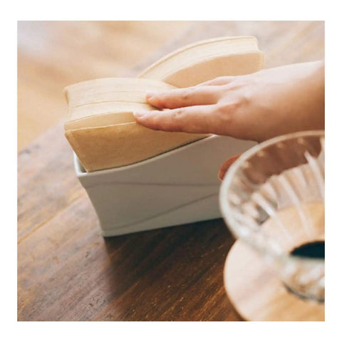 Hand reaching for V60 Size 02 White Coffee Filters, 40 Count Box, 10 Pack Value Set Totaling 400 Sheets for Pour Over Brewers