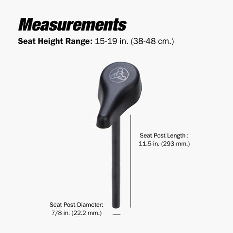 Performance Seat With XL Post For 12 And 14X Balance Bikes Extends Seat Height From 15 To 19 Inches Quick No Tool Assembly, seat post measurements, black color.